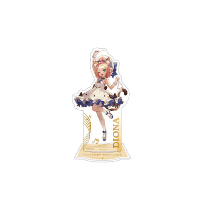Diona strikes a playful, dancing pose in a frilled white and blue concert dress, with her cat ears and tail on display. She winks cheerfully, and “DIONA” is printed vertically on the right side of the standee.