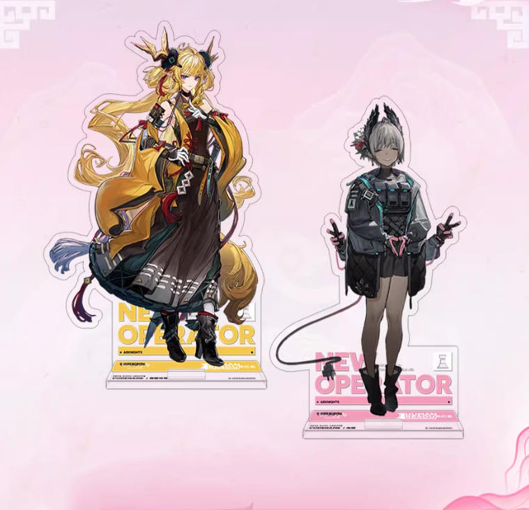 Two Arknights character acrylic standees featuring Thunderbolt Beeswax and Arc, displayed against a soft pink background, with their vibrant, detailed combat outfits and "NEW OPERATOR" bases.
