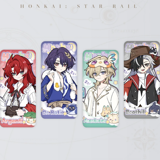 This image displays four HooHai Series long tinplate badges: Argenti, Dr. Ratio, Aventurine, and Boothill. Each badge features a unique chibi illustration of the character in a relaxed, casual outfit, set against a pastel background with playful animal companions.