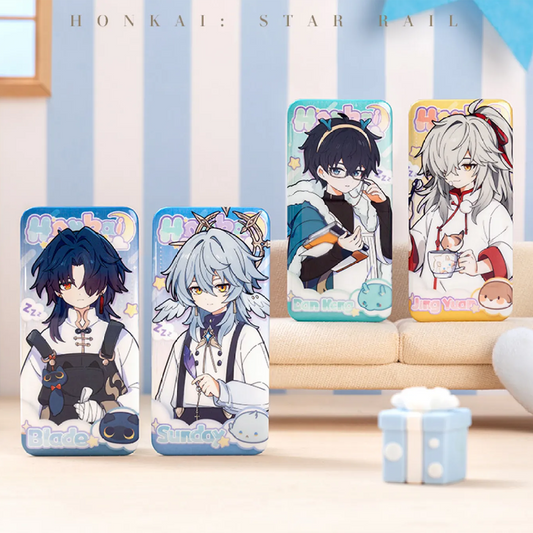 This image showcases four HooHai Series long tinplate badges from Honkai: Star Rail in a cozy living room setting. The featured badges are Blade, Sunday, Dan Heng, and Jing Yuan, each with a chibi-style illustration in casual outfits, paired with whimsical animal companions.