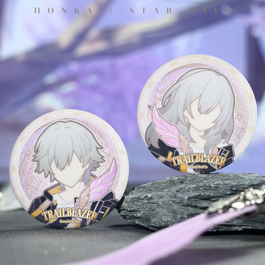 Honkai Star Rail Trailblazer silhouette badge with gold text accents and shimmering glitter texture, desktop display view