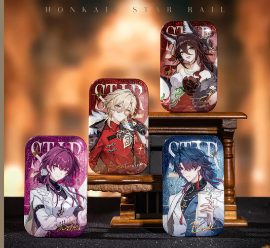 Four rectangular glittery badges from Honkai: Star Rail are displayed on tiered wooden stands. From left to right: Kafka (purple background, white formal attire), Aventurine (red background, red formal attire), Blade (blue background, white suit with a drink), and Fugue (red background, elegant dress). The background has a warm, blurred orange-brown tone.