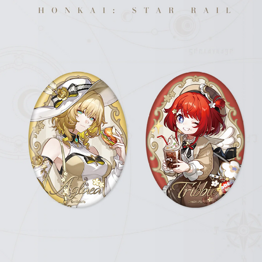 This oval tinplate badge features Aglaea from Honkai: Star Rail, depicted holding a burger against a golden ornate border. Made with vivid printing and a glossy finish, it’s an official HoYoverse collectible, perfect for fans to display on bags or boards.