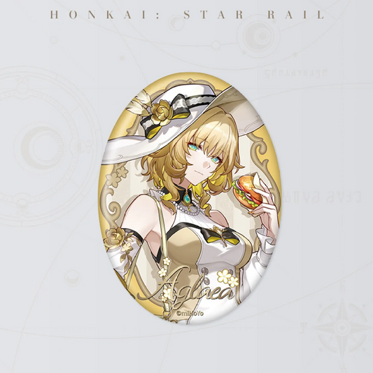 This oval tinplate badge features Aglaea from Honkai: Star Rail, depicted holding a burger against a golden ornate border. Made with vivid printing and a glossy finish, it’s an official HoYoverse collectible, perfect for fans to display on bags or boards.
