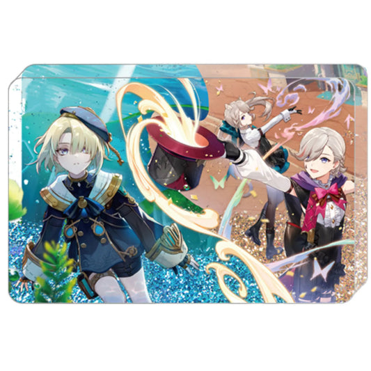Dual-color flow sand acrylic stand featuring vibrant game character artwork, with a dynamic blue glitter layer on the left and a shimmering gold glitter layer on the right. 