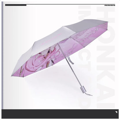 Honkai Impact 3rd themed umbrella featuring Elysia as the Herrscher of Human, with her signature pink and blue design on a UPF 50+ polyester canopy.