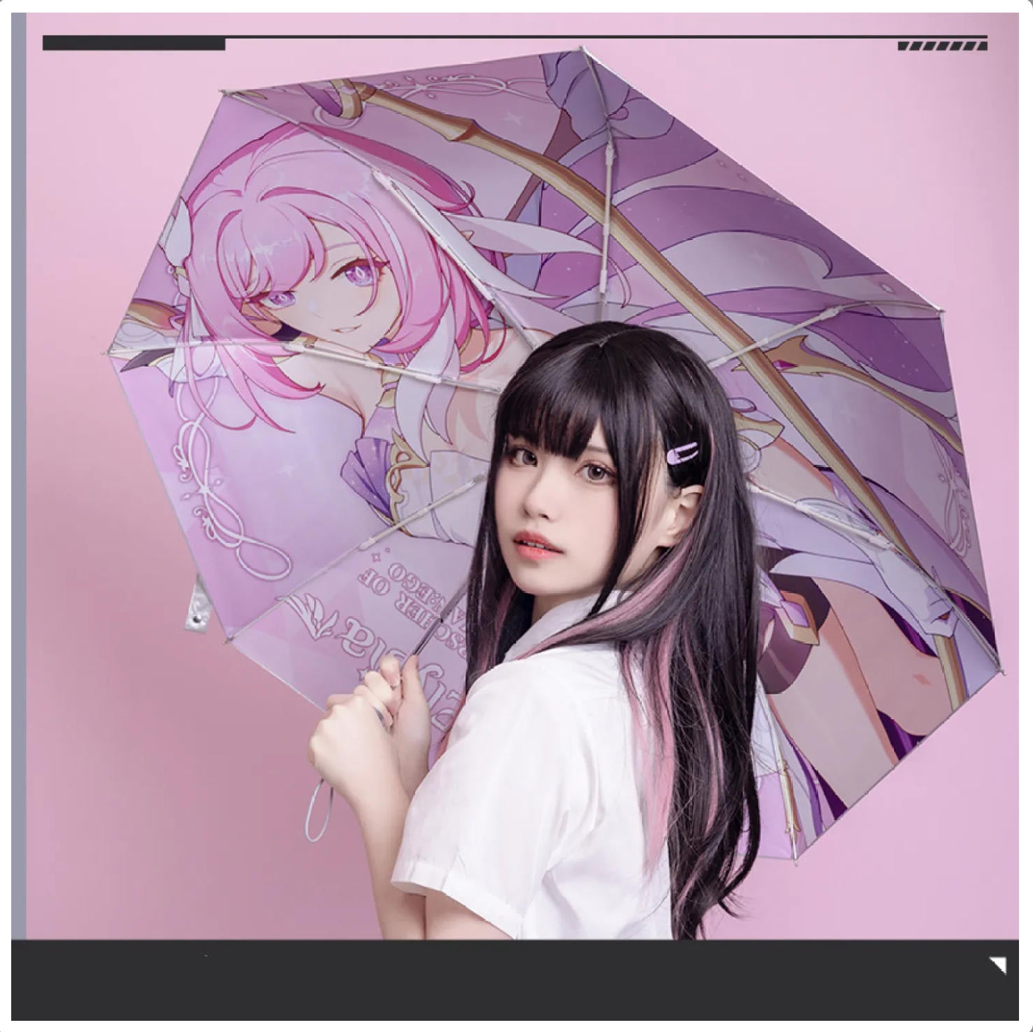 Honkai Impact 3rd themed umbrella featuring Elysia as the Herrscher of Human, with her signature pink and blue design on a UPF 50+ polyester canopy.