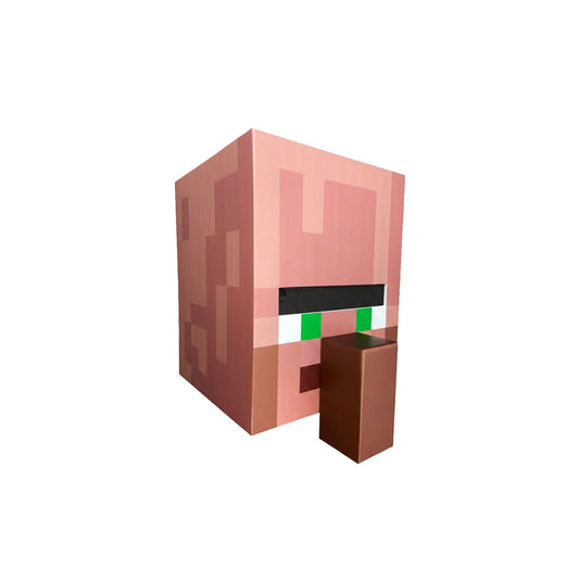 Minecraft Villager head mask, 3D pixel-art design with large brown nose and green eyes,