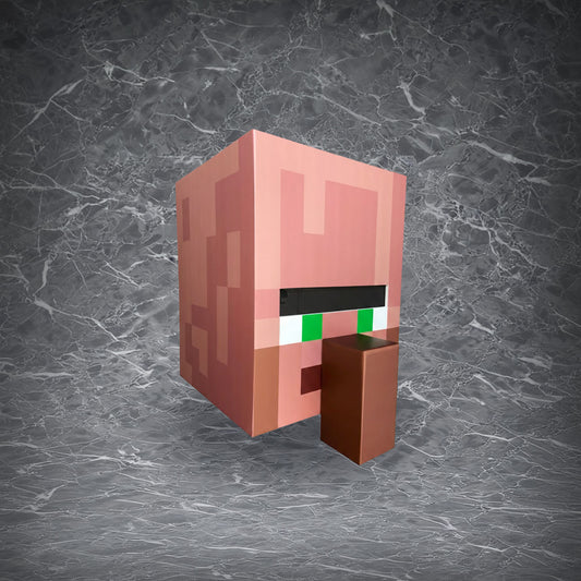 Minecraft Villager head mask, 3D pixel-art design with large brown nose and green eyes