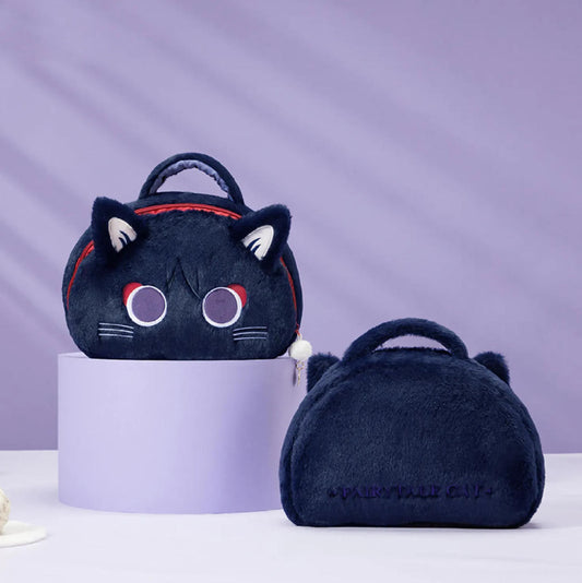 This plush pouch, inspired by Genshin Impact’s Wanderer, is designed as a cute black cat with his iconic purple-red eyes, cat ears, and "FAIRYTALE CAT" embroidery on the back.