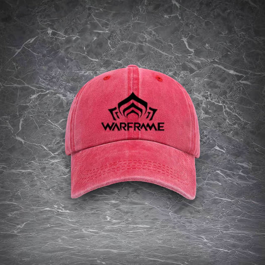 Warframe vintage baseball cap, watermelon red washed cotton, black logo, curved brim, plain light grey background, front view.