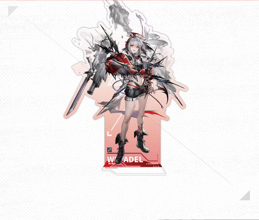 Acrylic stand of Arknights operator W, showcasing dynamic full-body artwork against a soft pink backdrop with a red and orange base