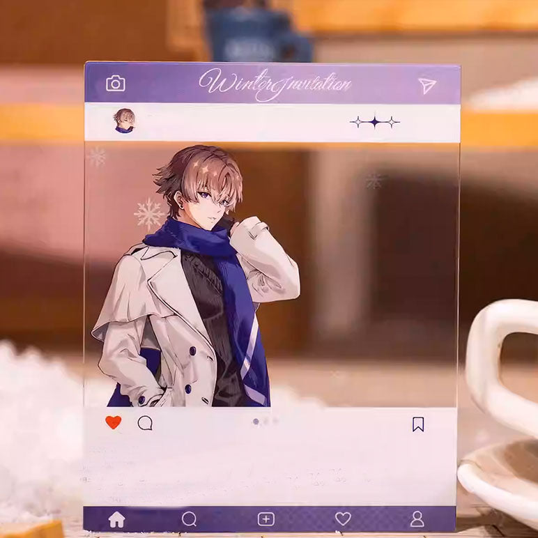  A transparent acrylic frame mimics a social media post, featuring Xiangli Yao from Wuthering Waves holding a warm drink, with snowflake details and a soft, cozy background.
