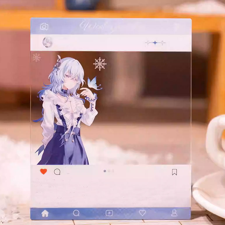 A clear acrylic frame in social media layout displays Yin Lin from Wuthering Waves, with a butterfly perched on her hand, surrounded by subtle snowflake details and a gentle, pastel background.