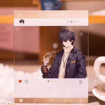  A social media-style acrylic frame showcases Shou An Ren from Wuthering Waves in a winter coat and scarf, set against a muted backdrop with delicate snowflake accents.