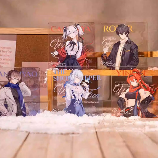 A curated display of 5 Wuthering Waves Winter Invitation acrylic standees arranged on a wooden shelf, set against a cozy, snow-dusted backdrop.