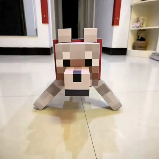 Minecraft Wolf Papercraft, 3D pixel-art tamed wolf with red collar, handmade cardstock desk accessory