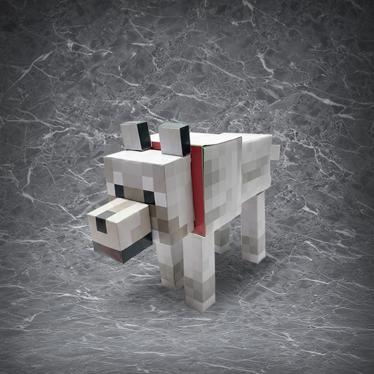 Minecraft Wolf Papercraft, 3D pixel-art tamed wolf with red collar, handmade cardstock desk accessory
