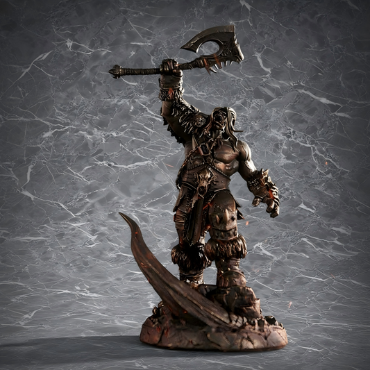 A bronze-colored collector statue of Grommash Hellscream from World of Warcraft, made of PVC material, part of a collectible series.