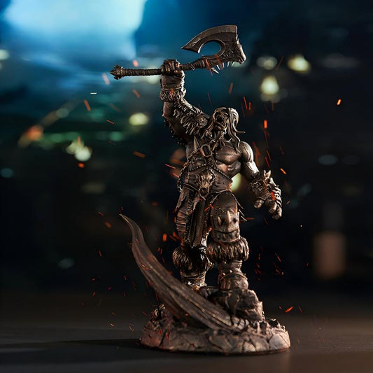 A bronze-colored collector statue of Grommash Hellscream from World of Warcraft, made of PVC material, part of a collectible series.