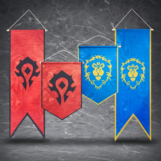A double-sided flag featuring both Horde and Alliance designs from World of Warcraft, made with black interlining fabric and a pine wood pole, part of a collector's series.