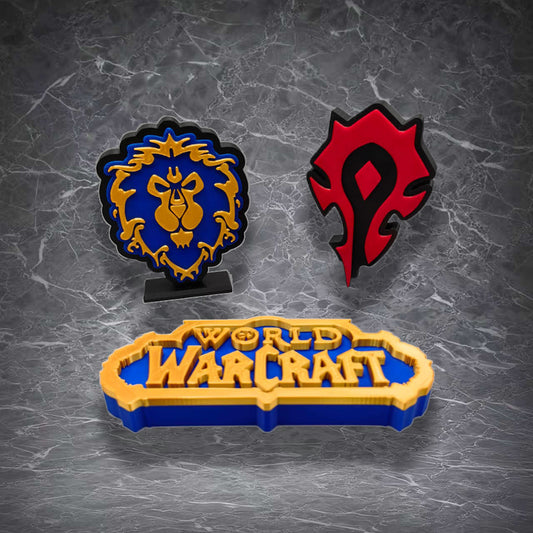 3D-printed World of Warcraft logo plaques (Alliance lion, Horde flame, title text) in vibrant colors. Made from durable, eco-friendly PLA. Ideal for desk decor, gifting, or custom designs. Combines artistry and fandom in collectible form.