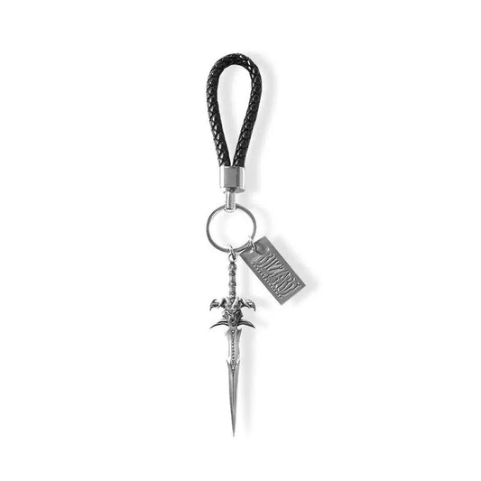 This is an ornate, Blizzard Entertainment-themed keychain featuring a detailed, metallic sword charm with intricate designs, attached to a black braided leather loop, perfect for collectors and enthusiasts of fantasy-themed accessories.