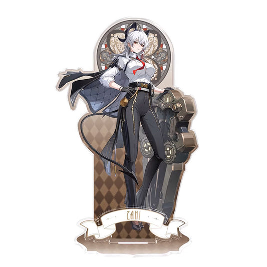 An acrylic standee of Zani from Wuthering Waves, featuring her sharp, modern outfit with a red necktie, set against a steampunk-style stained-glass backdrop and a checkered base.