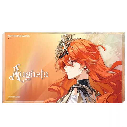 An acrylic block of Augusta from Wuthering Waves, showcasing her fiery orange hair and elegant profile against a warm gradient orange background.