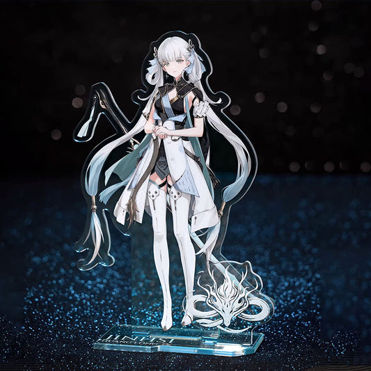 A serene display of Lin Lisette’s acrylic standee from Wuthering Waves, set against a deep blue glittery backdrop that highlights her cool-toned outfit.