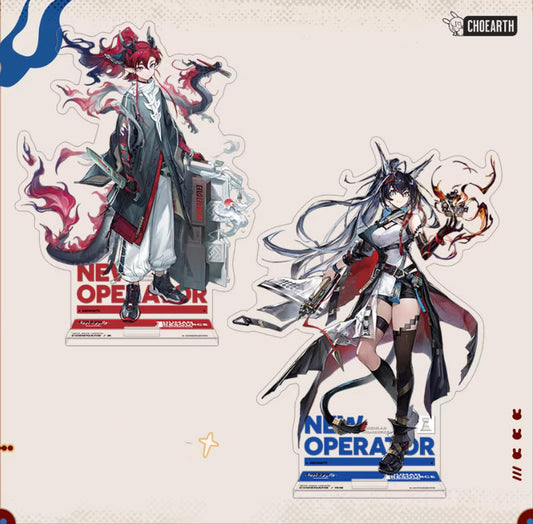 Acrylic standee set of Yu and Zhu Huang from Arknights, against a light peach background. Yu features a red-and-white robe with a red "NEW OPERATOR" base, while Zhu Huang strikes a dynamic combat pose with a blue "NEW OPERATOR" base
 