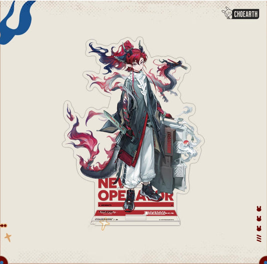 Acrylic standee of Yu from Arknights, on a light peach background. The design showcases her flowing red-and-white robe, fiery accents, and a red "NEW OPERATOR" base, bringing her elegant in-game presence to life.
