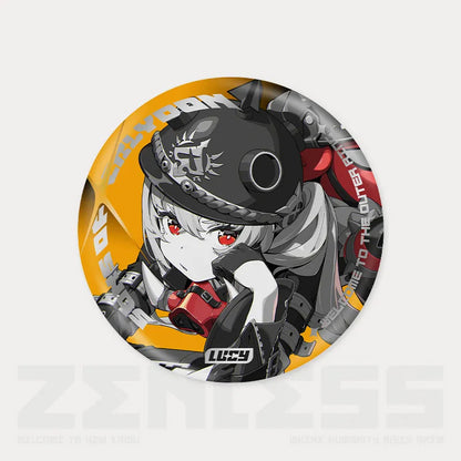 Reflective tinplate pin from the Shadow Art Series of Zenless Zone Zero, featuring a dynamic monochrome illustration of a character with a military-style cap and bold red accents, set against a vibrant orange circular background.