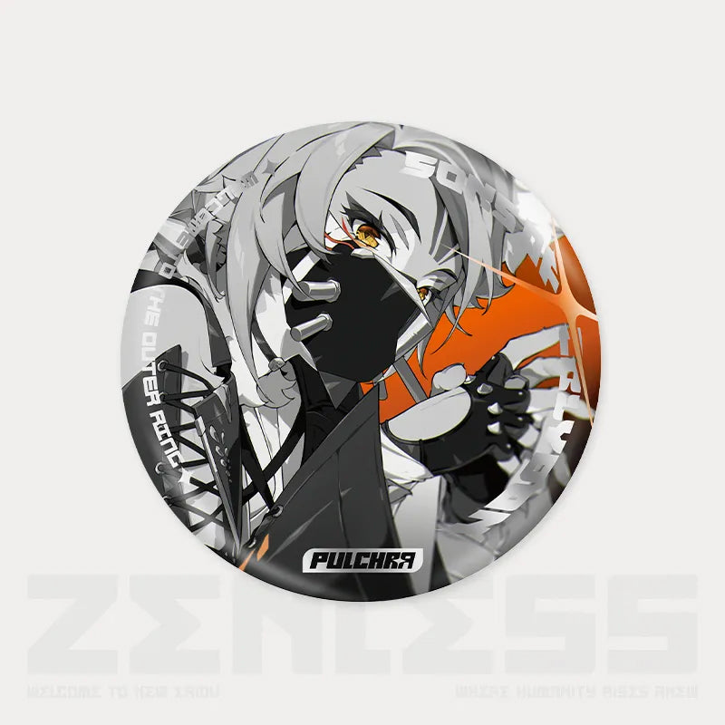 Reflective tinplate pin from the Shadow Art Series of Zenless Zone Zero, featuring a dynamic monochrome illustration of Calydonian with a black face covering and bold orange accents, displayed against a light beige background.