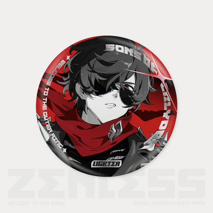Reflective tinplate pin from the Shadow Art Series of Zenless Zone Zero, featuring a dynamic monochrome illustration of a character with dark hair and a bold red scarf, set against a vibrant red circular background.