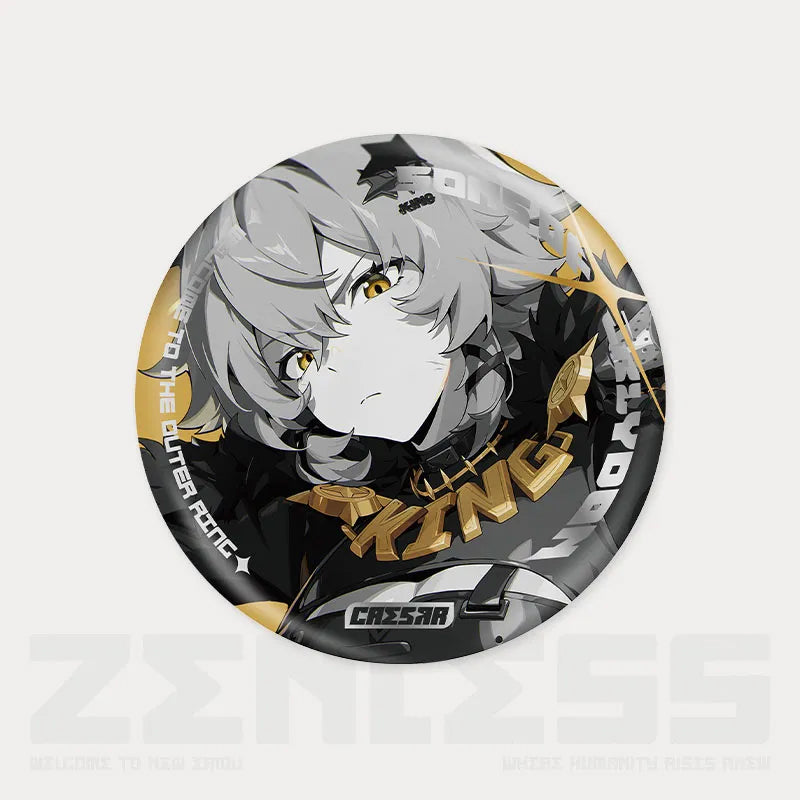 Reflective tinplate pin from the Shadow Art Series of Zenless Zone Zero, featuring a dynamic monochrome illustration of a character with light gray hair and bold gold accents, set against a warm yellow circular background.