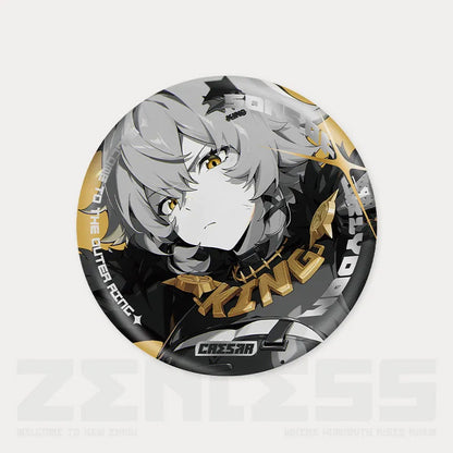 Reflective tinplate pin from the Shadow Art Series of Zenless Zone Zero, featuring a dynamic monochrome illustration of a character with light gray hair and bold gold accents, set against a warm yellow circular background.