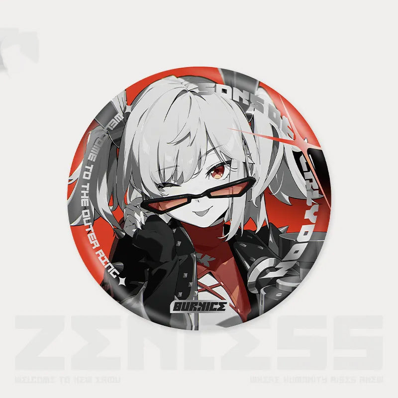 Reflective tinplate pin from the Shadow Art Series of Zenless Zone Zero, featuring a dynamic monochrome illustration of a character with light gray pigtails, red-tinted glasses, and bold red accents, set against a vibrant red circular background.