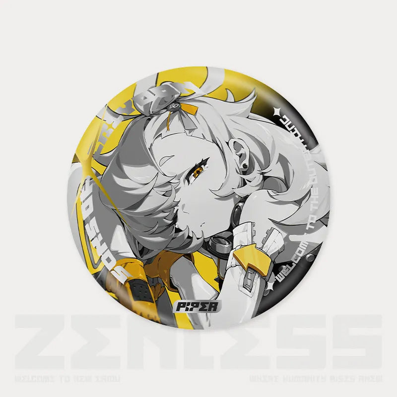 Reflective tinplate pin from the Shadow Art Series of Zenless Zone Zero, featuring a dynamic monochrome illustration of a character with light gray hair and bold gold accents, set against a warm yellow circular background.