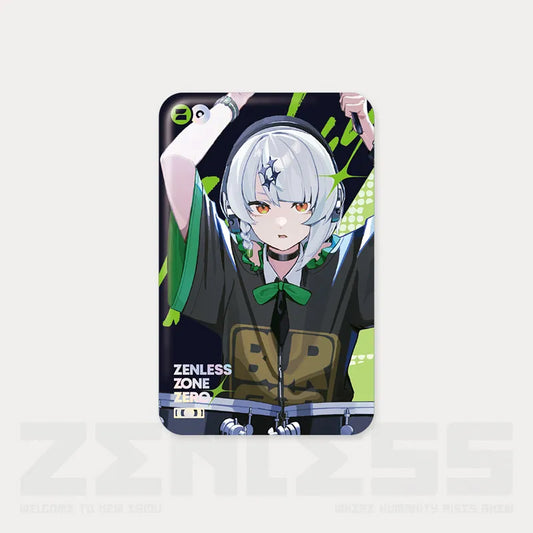 A 45×70mm square tinplate pin from the Zenless Zone Zero Wonderland Sparkling Series, featuring a vibrant illustration of a character with silver hair in a dynamic, energetic pose. The pin has a holographic backing for a subtle rainbow sheen, set against a bold green and black design, and is displayed on a themed back card with Zenless Zone Zero branding.