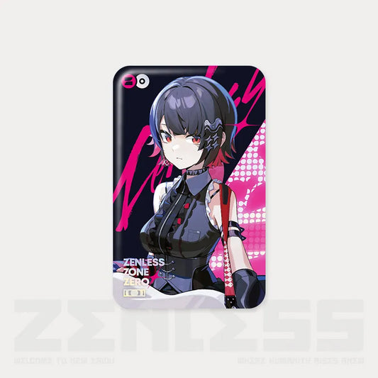 A 45×70mm square tinplate pin from the Zenless Zone Zero Wonderland Sparkling Series, featuring a vivid illustration of a character with short grey hair and a tactical black outfit, set against a bold pink and red lightning-patterned background. The pin has a holographic backing for a subtle rainbow sheen and is displayed on a themed back card with Zenless Zone Zero branding.