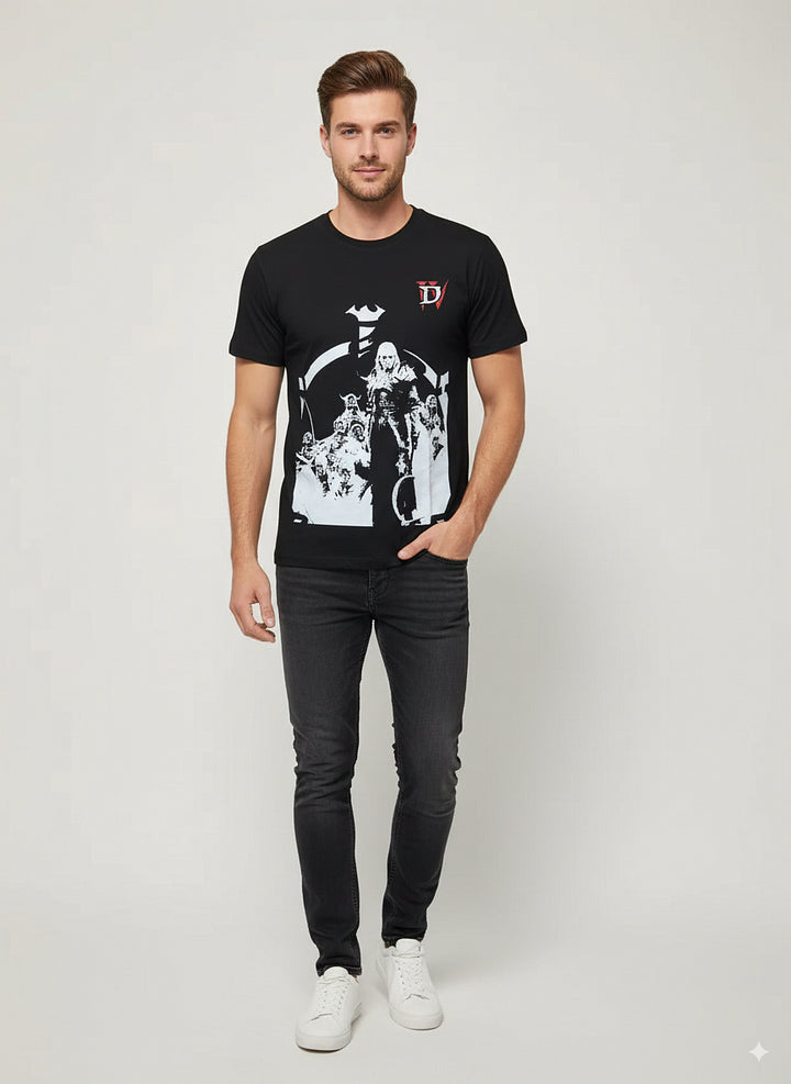 D4 Necromancer T-shirt | Skeleton summon Necromancer pattern trendy loose top | Dark style dungeon game peripheral cool daily wear