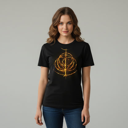 Elden Ring T-shirt | Golden Game Logo Print on Black Cotton Tee | Classic Color Scheme for Daily Wear | Official Style Gaming Apparel for Fans