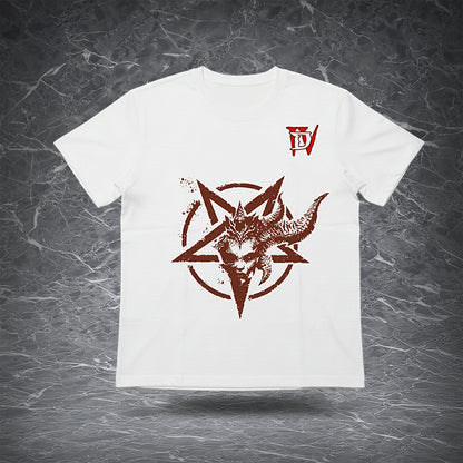 Lilith print T-shirt | Mother of Sanctuary portrait pattern trendy loose fit top | Dark RPG game themed apparel for cool casual wear | Soft loose fit tee to elevate your everyday look