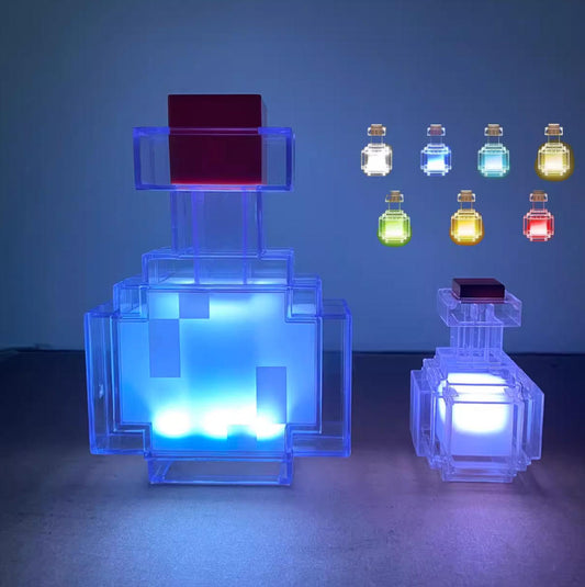Minecraft Potion Bottle Night Lights in two sizes, glowing blue. The larger one stands alongside a mini version, with a grid of color options shown in the background.