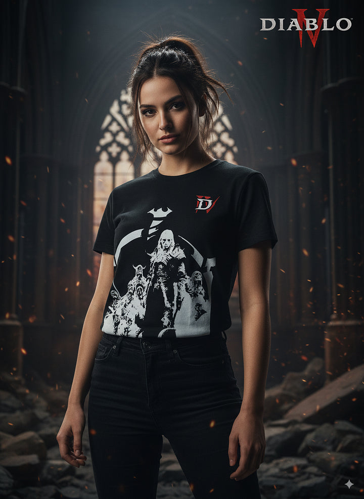 D4 Necromancer T-shirt | Skeleton summon Necromancer pattern trendy loose top | Dark style dungeon game peripheral cool daily wear