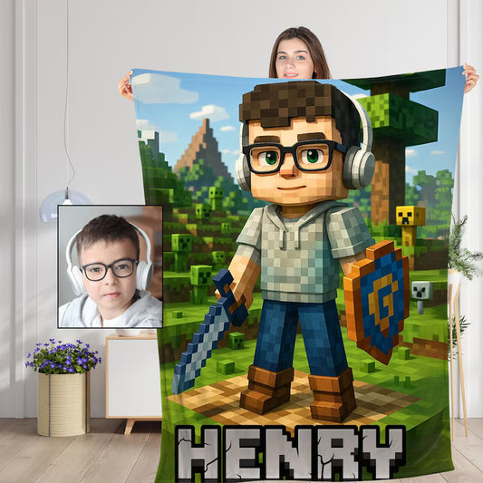 Personalized Minecraft Blanket, Custom Pixel-Style with Face & Name, Gamer Gift for Christmas or Birthdays