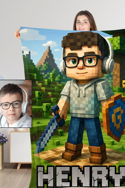 Personalized Minecraft Blanket, Custom Pixel-Style with Face & Name, Gamer Gift for Christmas or Birthdays